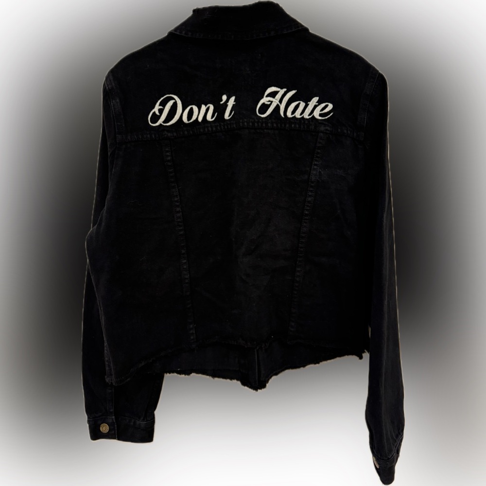 Women’s size small Pistola Don’t Hate black denim pure cotton distressed jacket